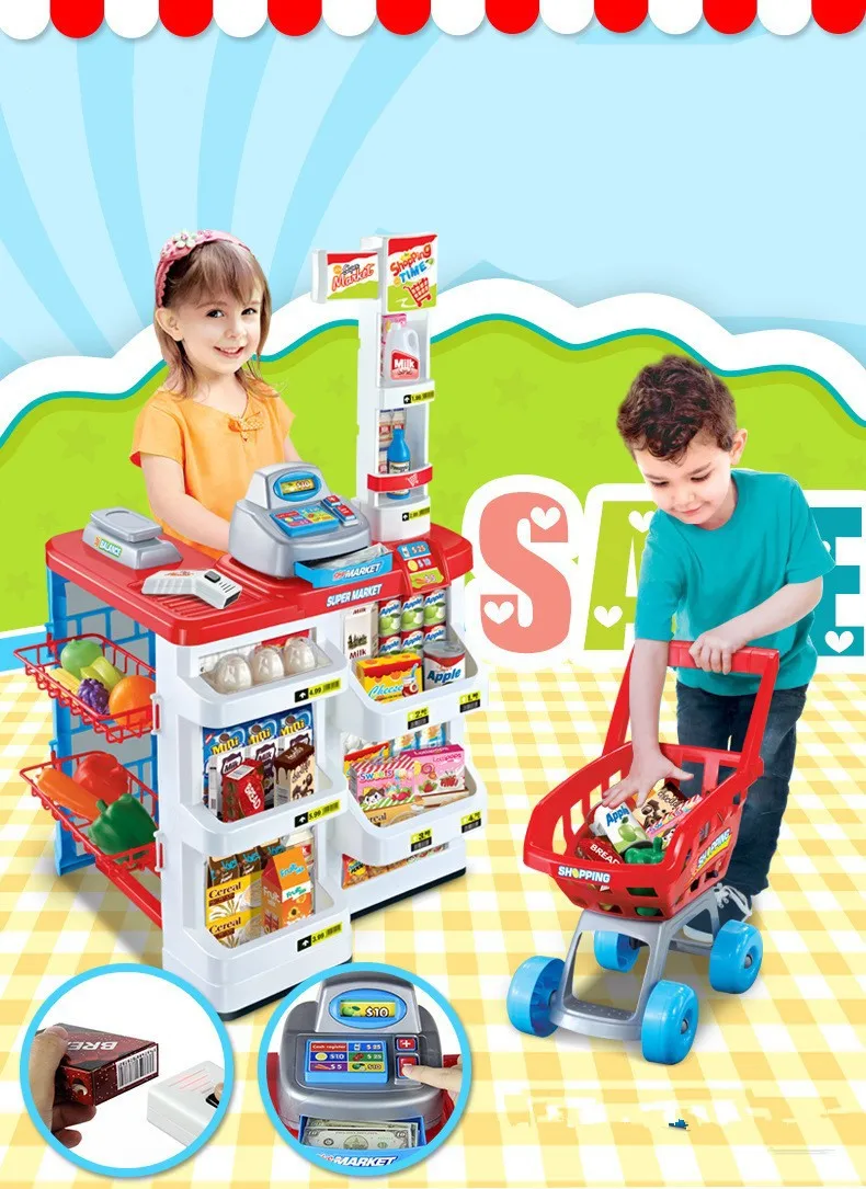 

[New] 34pcs/set Simulation supermarket red cash register cart shelf set fun toy pretend play imitate cashier salesclerk gift