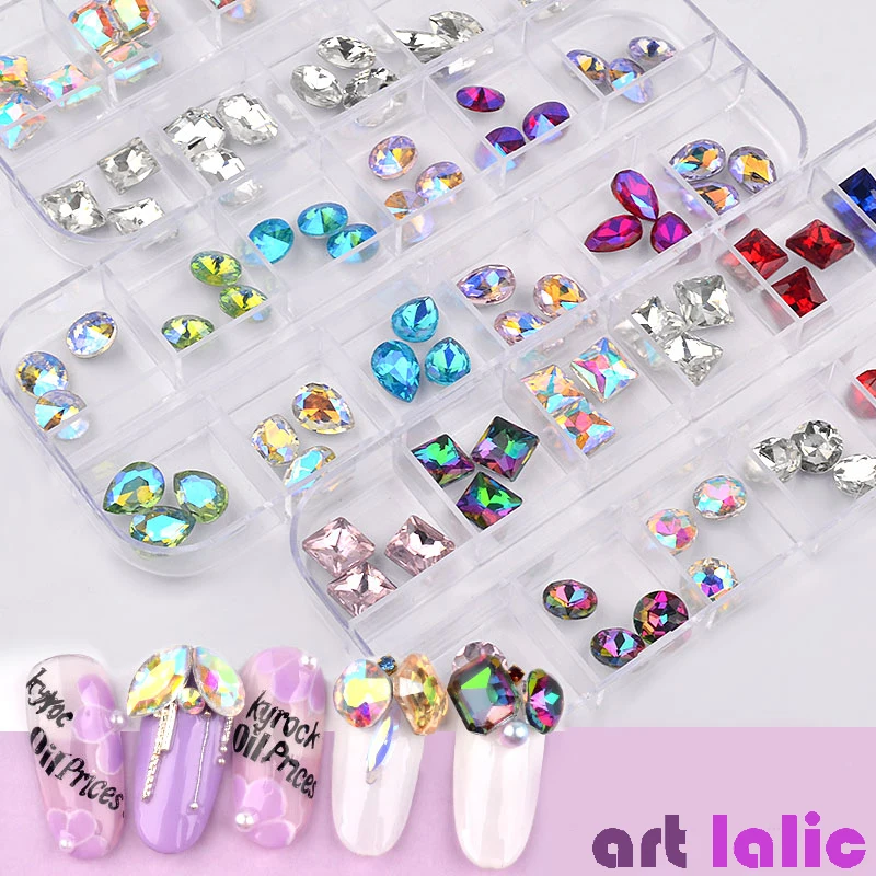 1 коробка, разноцветные стеклянные стразы для ногтей разных цветов с острыми кристаллами, 3D очаровательные драгоценные камни для маникюра, украшения для ногтей