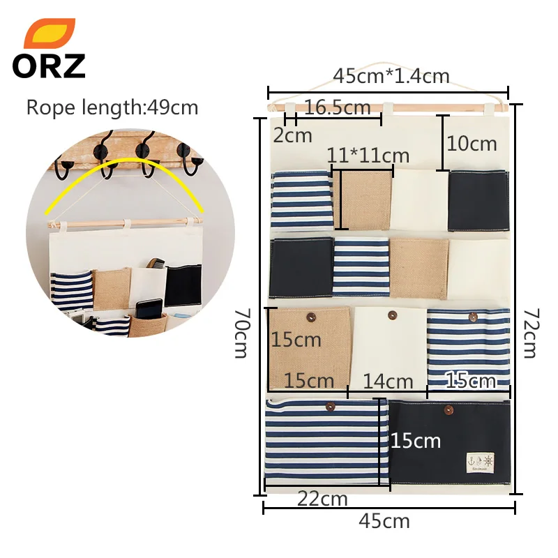 Pocket Wall Hanging Organizer Bag Linen Stripe Multi Layer Practical Storage Box