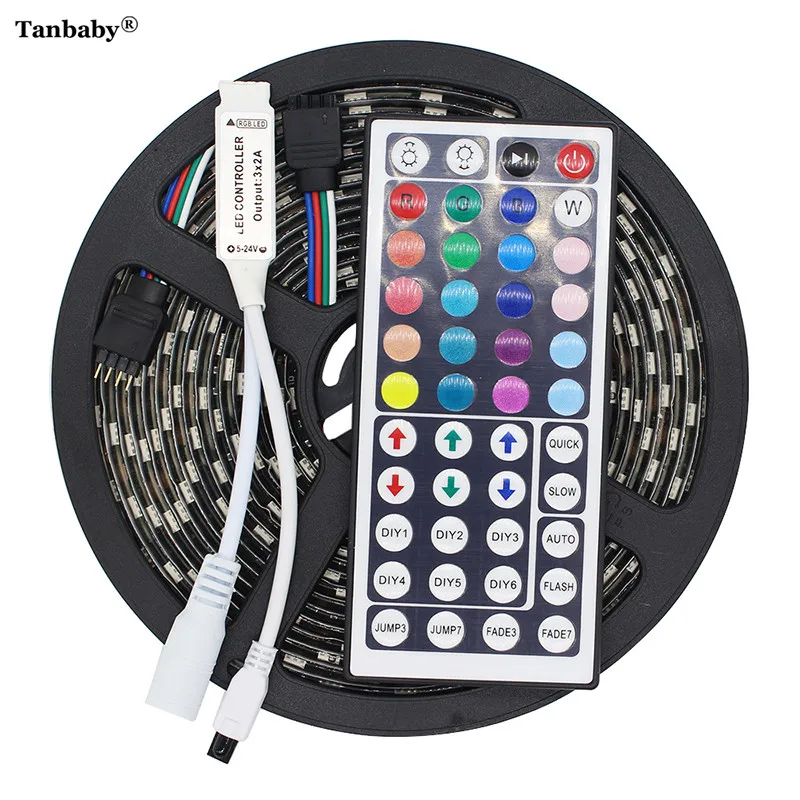 buy 5050 LED Strip Black PCB DC12V Flexible LED Light 60LED m 5m RGB SMD5050 LED Strip with Mini 44 Key Remote Controller