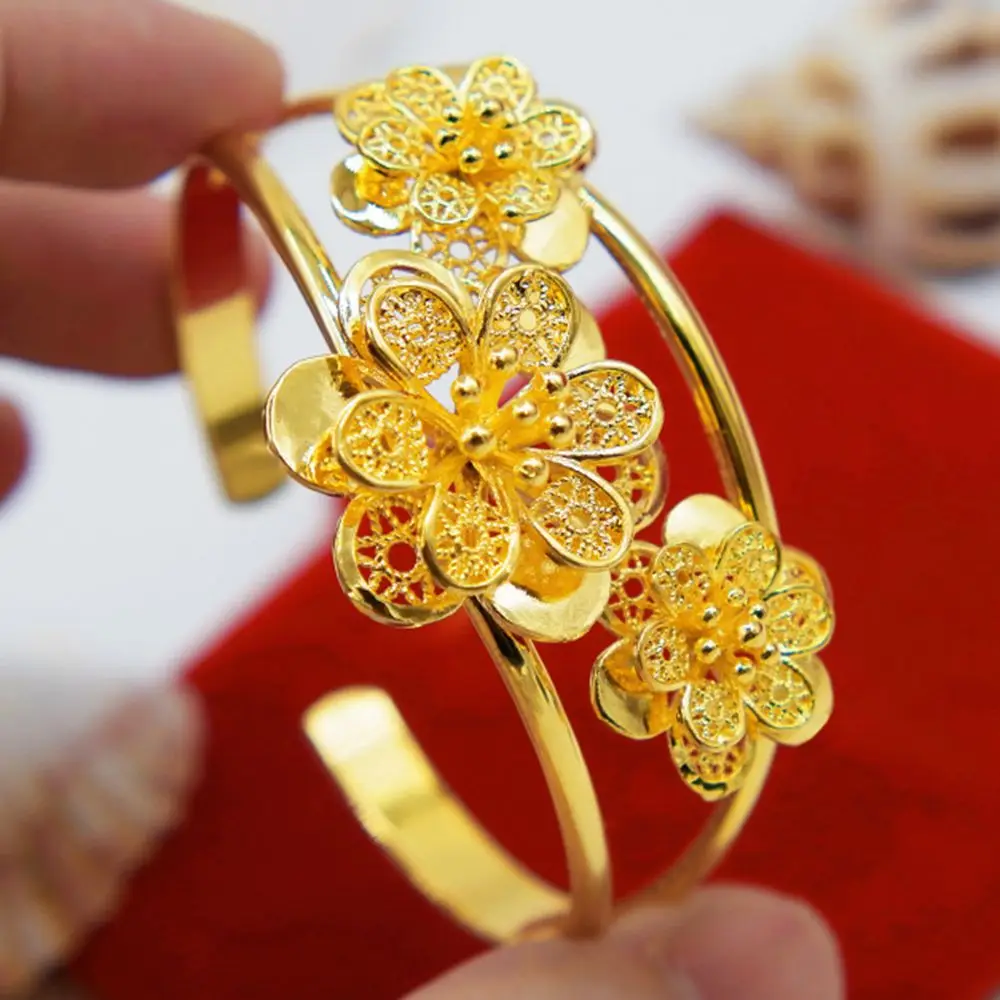 Pernikahan Gelang Kuning Emas Diisi Padat Cuff Bangle Bunga Bermotif Wanita Gelang Indah Hadiah Cuff Bangle Bracelet Yellowgold Solid Bangle Aliexpress