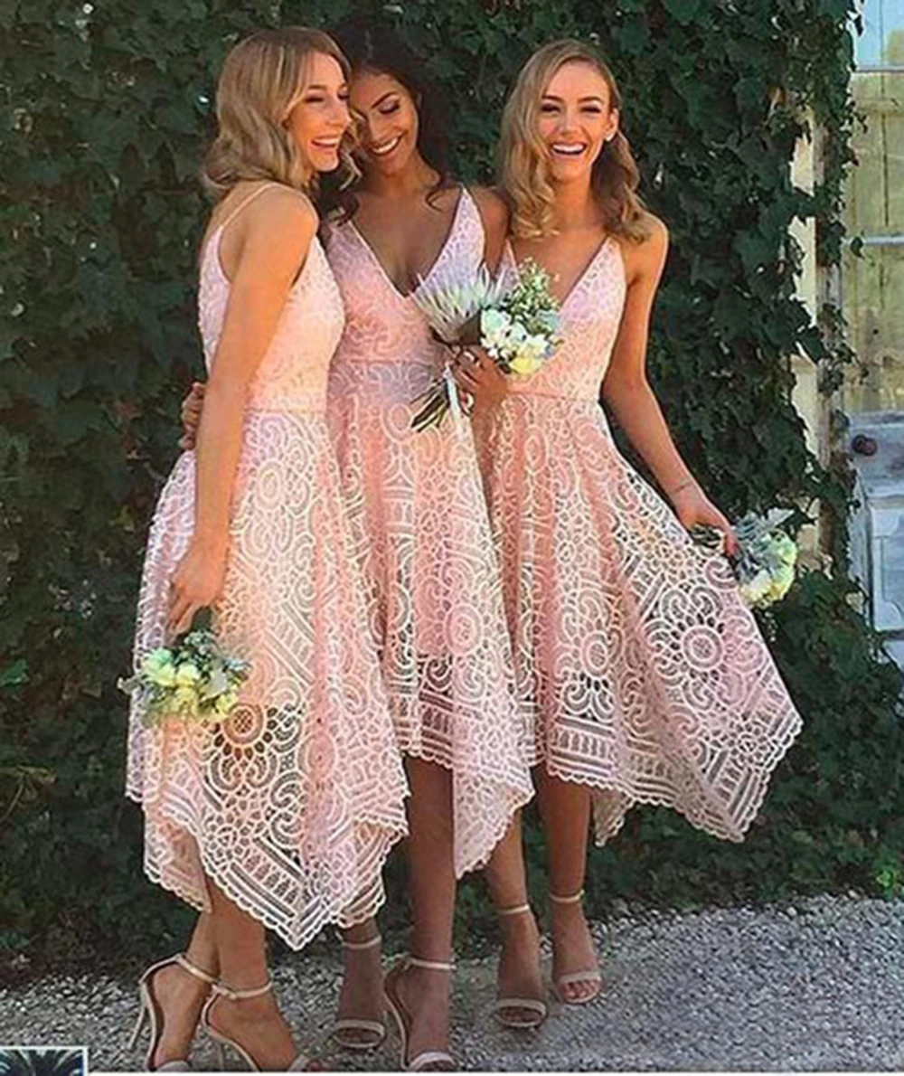 2018 кружевные платья подружки невесты длиной до колена Румяна Розовый Темно-синий кружева асимметричный подол v-образный вырез Maid of Honor