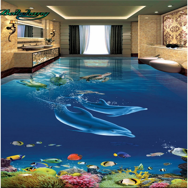 beibehang Dolphins turtle underwater world 3D stereo bathroom living room floor tiles large custom wallpaper murals | Обустройство