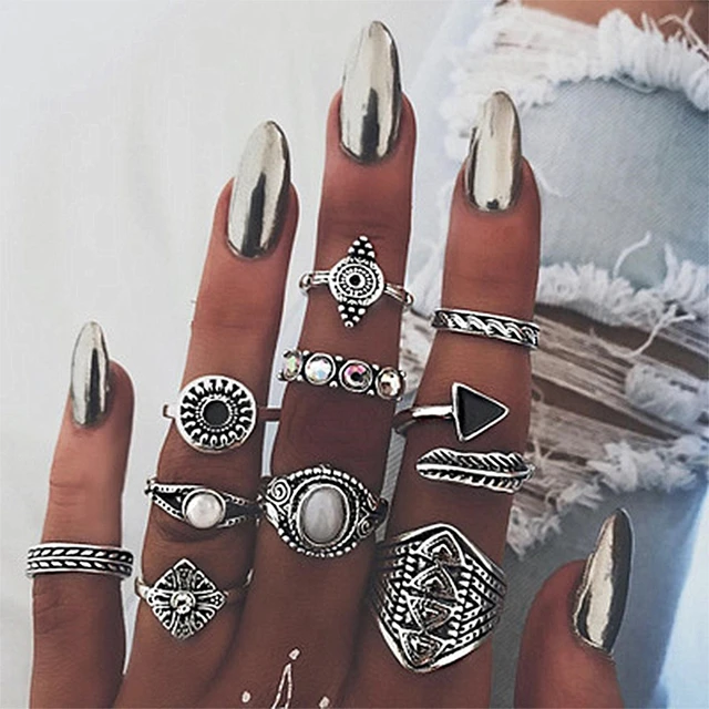 KISSWIFE New 10 Pcs/Set Vintage Punk Ring Set Antique Color Silver Leaf Midi Rin KISSWIFE New 10 Pcs/Set Vintage Punk Ring Set Antique Color Silver Leaf Midi Rin
