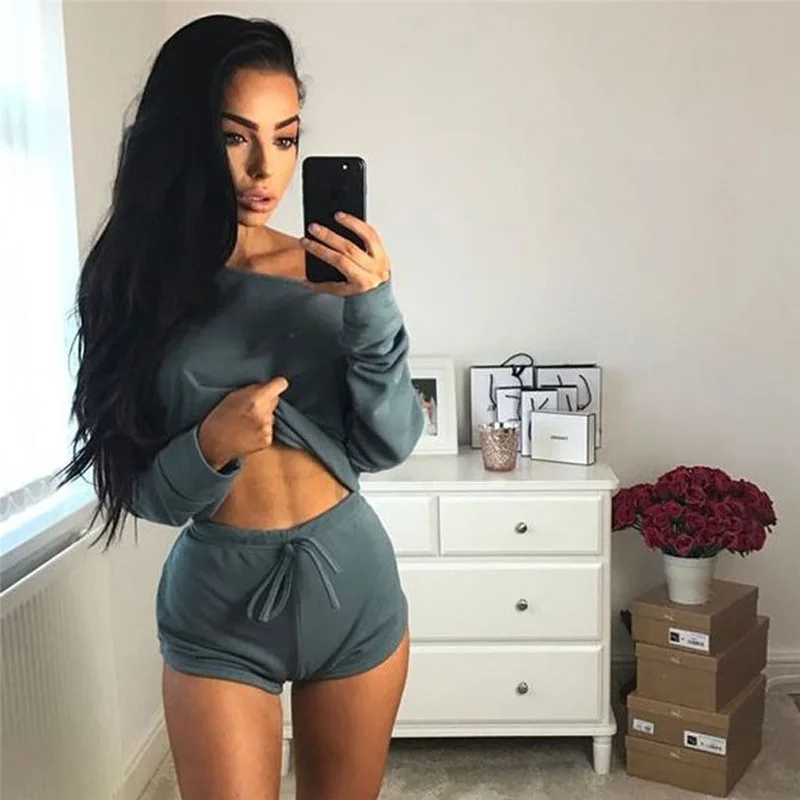 Женский спортивный костюм из 2 предметов короткий топ с длинным рукавом и