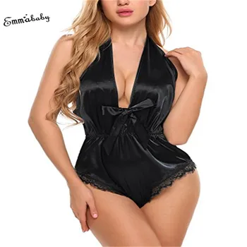 

2018 New Women's Summer Sleepwear Conjoined Sleeveless Nightdress Vneck Bow Lingerie Pajamas Sexy Silk Satin Babydoll Nightgown
