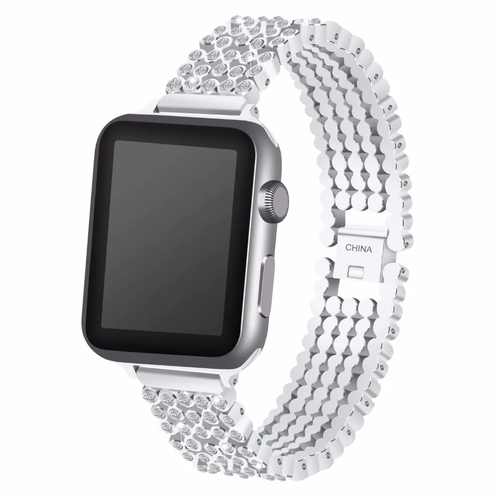 Joyozy для Для женщин с украшением в виде кристаллов Стразы со стразами ремешки для часов Нержавеющая сталь браслет ремешок для наручных часов iwatch, ремешки для Apple Watch, 38, 42 мм, версия