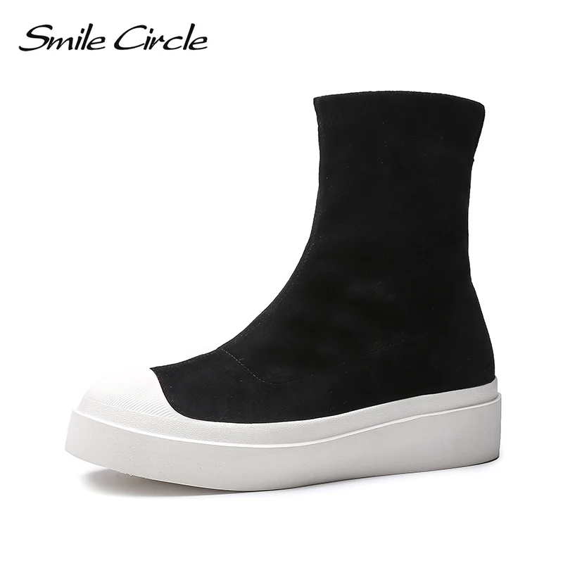 Smile Circle High-quality women Elastic boots Women Suede Leather Booties Flat Platform Casual shoes Women boots