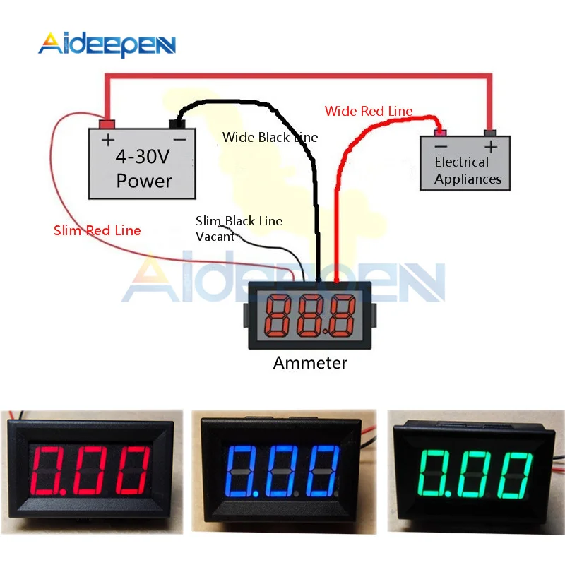 

Mini 0.56 inch 2 Wires LED Digital Current Meter DC 4V-30V 0-10A Ammeter Home Use Red Blue Green LED Display