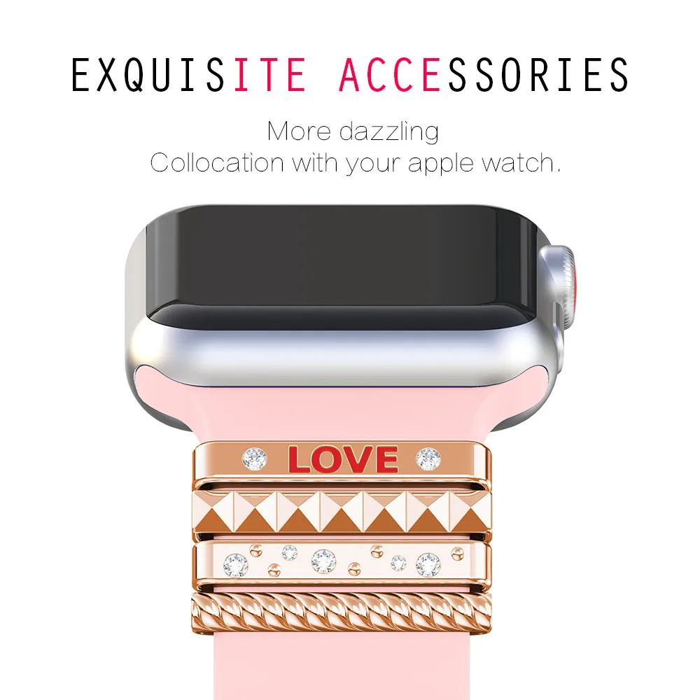 Popular Strap Ornament for Apple Watch Band 38mm Original Silicone Strap Stainless Steel Decorative Ring with LOVE as a Gift (14)