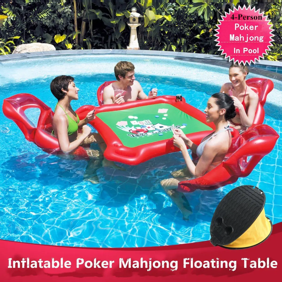 

1 set of packaging with inflator 4 people summer pool game inflatable poker mahjong floating cushion casual game