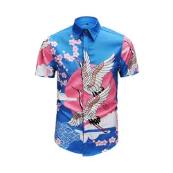 2019 Новое поступление для мужчин рубашка короткий рукав Slim Fit Cherry Blossom летающий кран печатных Крытая Кнопка Тонкий Chemise Homme M до XXXL