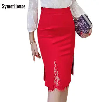 

New 2019 Lace Patchwork Open Split Office Skirt Women Pencil Skirts Sexy Fashion Cute Ladies Midi Bodycon Skirt Big Size 5XL
