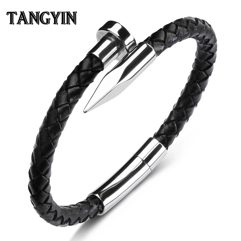 

High Quality Trendy Men Leather Bracelet Silver Nail Bullet Stainless Steel Buckle Bracelet High Texture For Men Women Jewelry