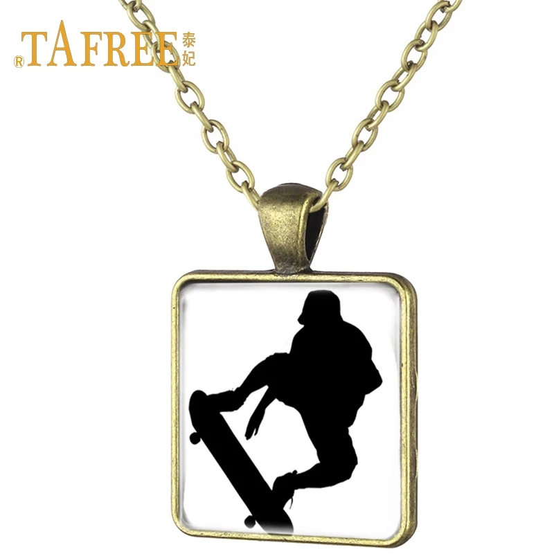 

TAFREE Fashion simple antique bronze plated square necklace ice skating art picture women birthday gift necklace jewelry ST81