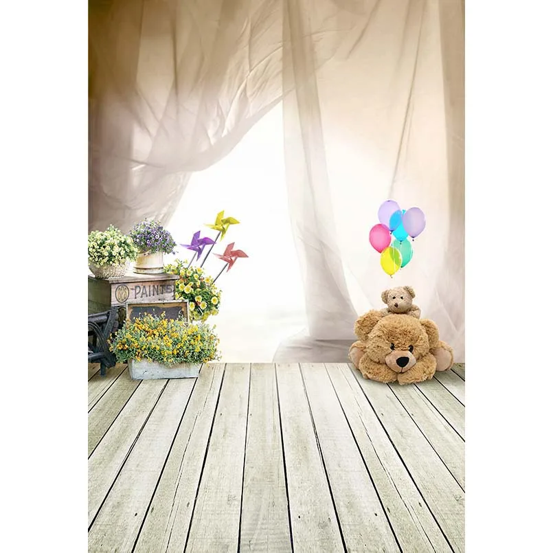 Фон для портретной фотосъемки с изображением милого медведя цветов воздушных шаров Виниловый фон для фотосъемки на день рождения, свадьбу, S-3046