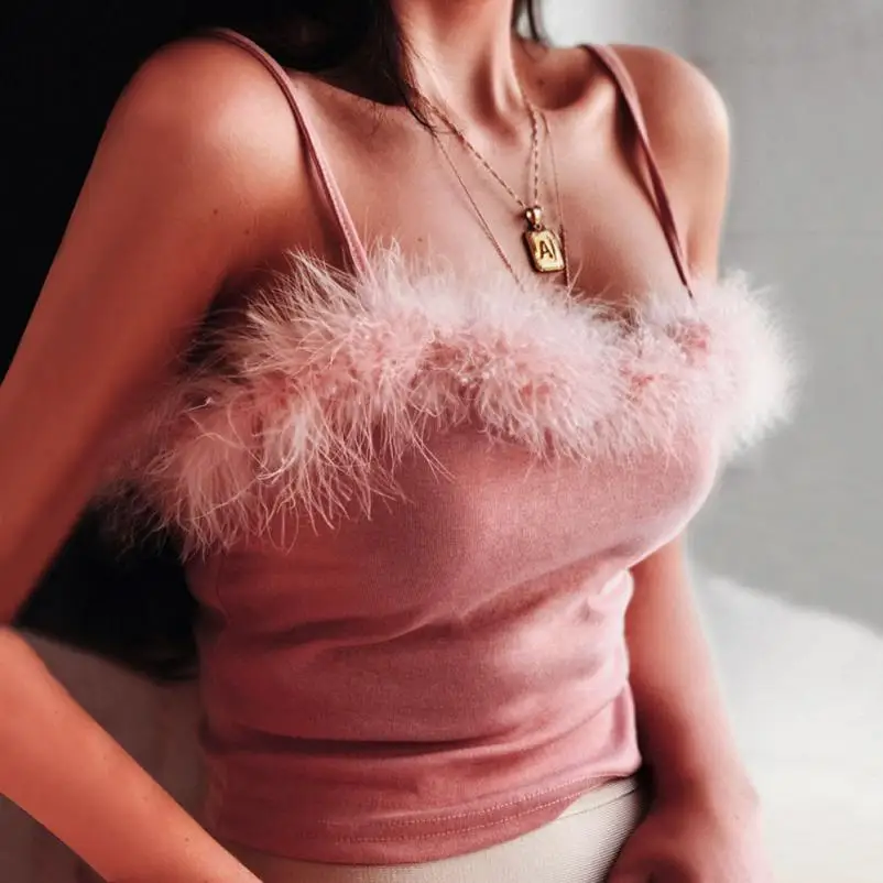 

Feitong Faux Fur Cami Crop Top For Women Sexy Cute Strap Sleeveless Club Summer Tops 2019 Fashion Stretchable Ladies Camisole