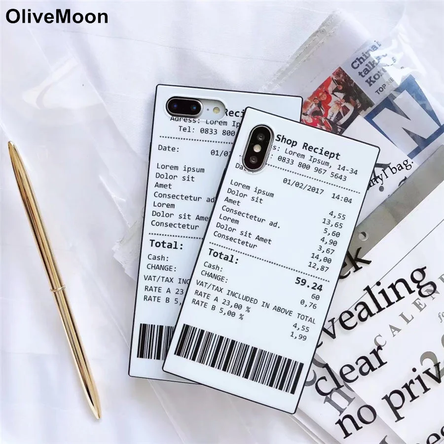 

OliveMoon Square Phone Case For iPhone XR XS 6 7 8 X Cover Soft TPU Shop Reciept Back Coque For iPhone XS MAX 6 7 8 Plus Fundas