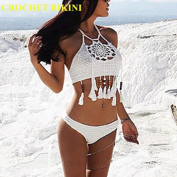 CROCHET BIKINI Sexy Halter Tie Knitting New Beach Swimwear Halter Beaded Tassel Crop Top Brazil Bikini Swimsuit Bathing Suit crop self tie halter top