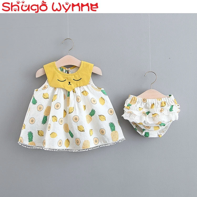 

2019 Summer Beach Baby Girls Sleeveless Cartoon Fruit Print Sundress + Lace Ruffles PP Shorts Princess Kids 2Pcs Dress vestidos