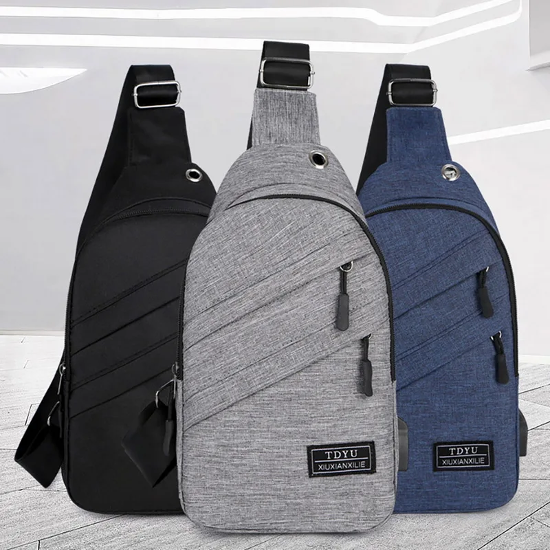 Men's Fashion New Crossbody Outdoor Travel Shoulder Bags Waterproof Chest Bags with Headphone Hole and USB Charging Port