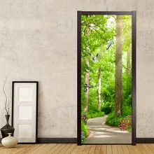 Лес маленькая дорога природа пейзаж Фреска Водонепроницаемый самоклеющиеся двери стикер Гостиная Спальня 3D двери наклейки на стене обои