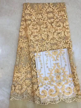 

High Quality 2019 Tulle Beaded French Nigerian Lace Fabrics Pearls Embroidered Guipure African 3d Lace Fabric Yellow