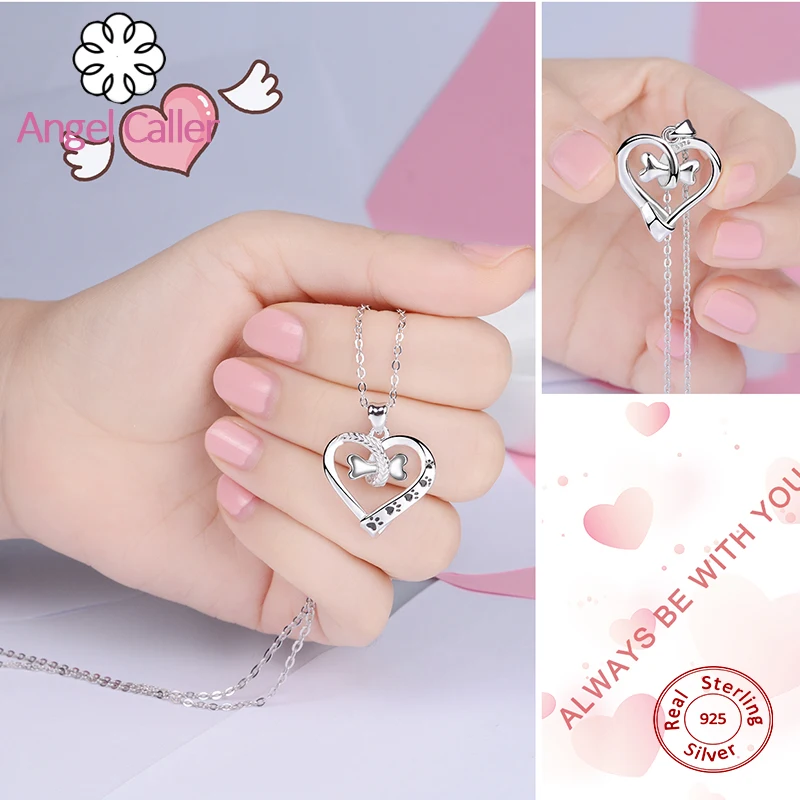 Skup Anioł dzwoniący 925 srebro śliczny pies i odcisk łapy kota naszyjnik kości serce wisiorek naszyjniki kobiety Fine Jewelry CYD105