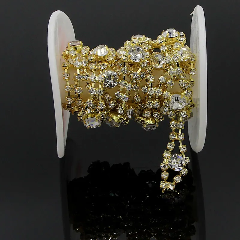1 Yard Gold Plated Transparent Glass Rhinestone Trims Handmade Sewing