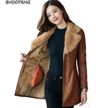 Кожаная куртка средней высоты с меховым воротником, толстая, новинка, зимняя теплая куртка для женщин, искусственная кожа, пальто для женщин, большие размеры, A0042