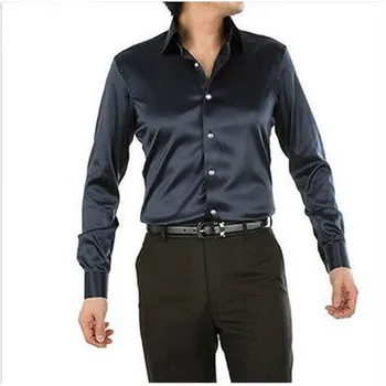 

Navy Leisure Clothing Wedding Prom Emulation Silk Long Sleeve Shirts Men's Casual Shirt Shiny Satin Formal Party Shirt