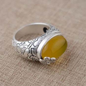 

S990 fine silver inlaid Huang Yusui ring antique style female flowers rich explosion