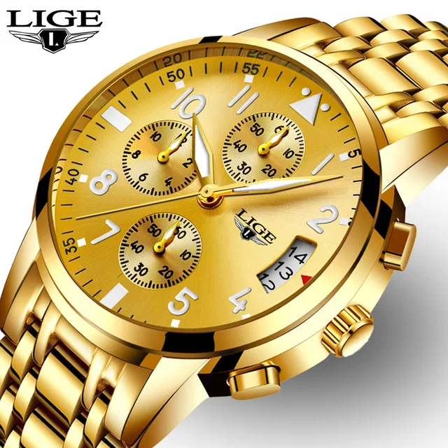 

LIGE Mens Watches Top Brand Luxury Business Quartz Gold Watch Men Full Steel Fashion Waterproof Sport Clock Relogio Masculino