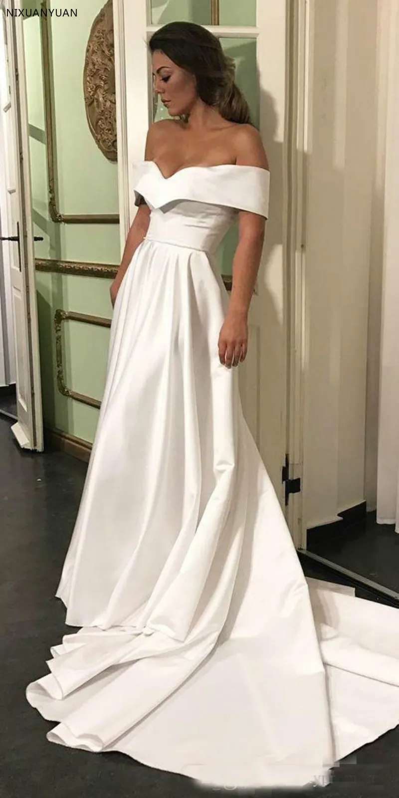 

Simple Design Off Shoulder Wedding Dresses Court Train Satin A Line Beach Bridal Gowns Cheap Backless Wedding Vestidos