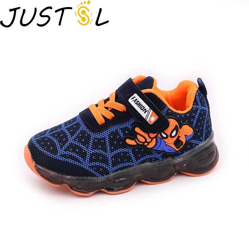JUSTSL الأطفال شبكة بسلك محبول ضوء أحذية رياضية الفتيان الفتيات تنفس العنكبوت احذية الجري الكرتون LED الاطفال أزياء حذاء رياضة