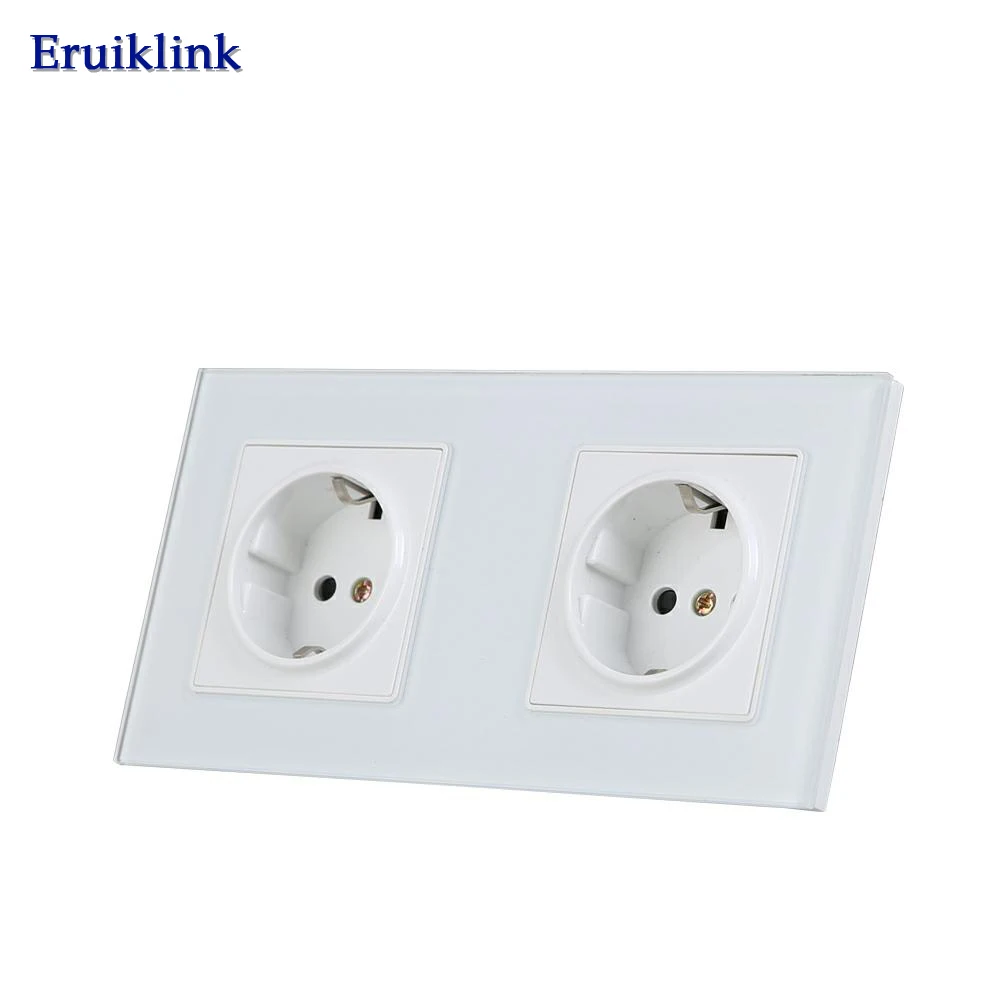 Eruiklink EU Standard 2 Gang Wall Power Socket, White Crystal Glass Panel, AC110V~250V 16A Wall Outlet