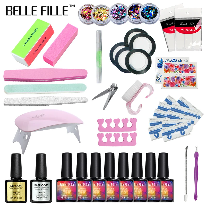 

Belle Fille 8+2Pcs Mini Lamp Dryer Manicure Set Nail Gel Polish Soak Off Manicure Gel Polish Kit For Nail Salons