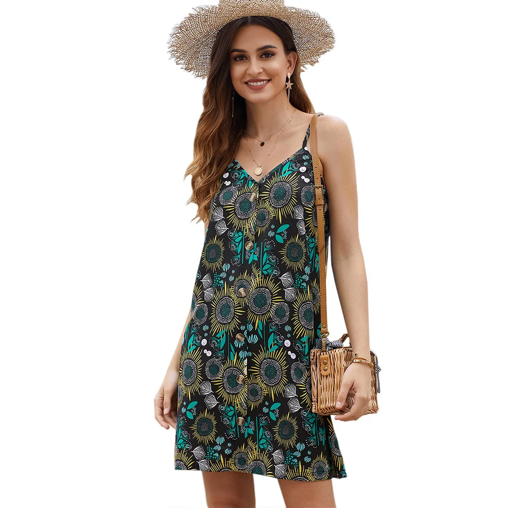 

2019 Summer Women Dress Fashion Office Beach New Clothing Print Spaghetti Strap Sleeveless Casual Short Dress Female Loose Dress