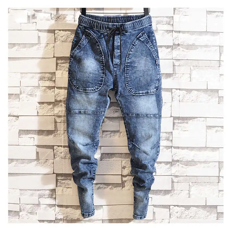 Idopy Spring New Men's Elastic Jeans Fashion Casual Hip Hop Loose Denim Jeans Black Blue Trousers Harem Pants Denim Joggers - Цвет: blue