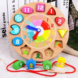 Количество блоков съемные игрушечные Часы цвет сортировки деревянные руки глаз малышей мальчиков девочек обучения шнуровки бусины время