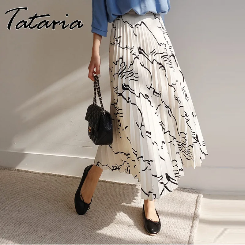 

Tataria Chiffon Pleated Skirt for Women High Waisted Skirts Women Print Ankle-length Skirt Female Long Line Graffiti Loose Skirt