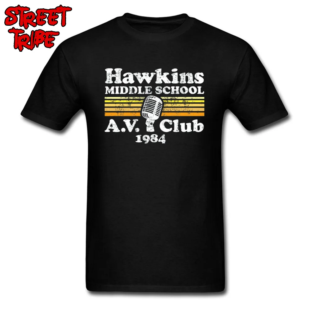 100% Cotton Fabric Student Hawkins Middle School A.V. Club Top T-shirts Summer Tops Shirts Oversized O-Neck Tops Shirts Hawkins Middle School A.V. Club black