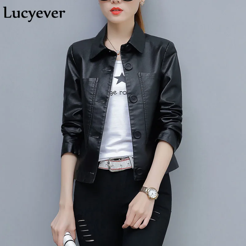 

Lucyever Fashion Korean Women Faux Leather Jacket Autumn Long Sleeve Black Pu Motorcycle Coat Plus Size Biker Female Blazer 2019