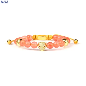 

Ailatu New Womens Cz Leopard Braided Bracelet with 8mm Facted Stone Beads Stainless Steel Top Quality