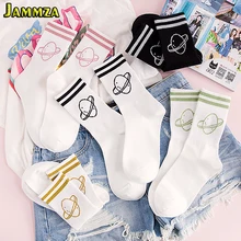 Женские хлопковые носки в стиле Харадзюку с полосами планеты, цвета: золотистый, серебристый, розовый, Sokken, модные высококачественные брендовые милые носки для девочек в стиле мори