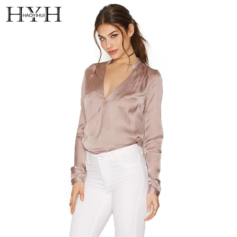 

HYH HAOYIHUI 2018 Office Sexy Solid Pink V-neck Women Blouses Long Sleeve Shoulder Pleated Female Clothing Elegant Lady Tops