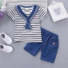 

1-4Y Baby Clothing Set Sailor style Baby Suit Cotton Kids Clothing Stripe Short Sleeve + Pants + Cravat Infant Baby Boy Clothes