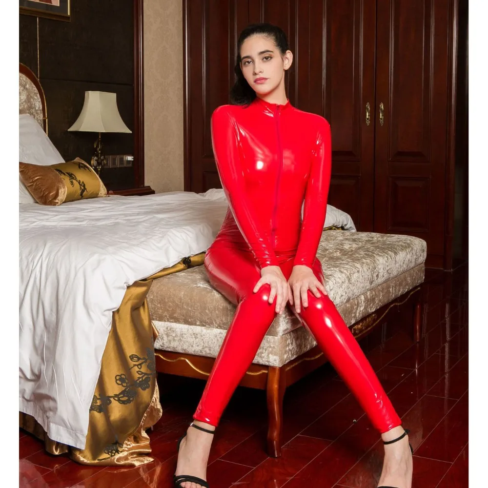 

Plus Size Long Sleeve Bodysuit Sexy Lingerie Zipper Open Crotch PVC Catsuit Glitter Bodystocking Babydoll One Piece Club Wear