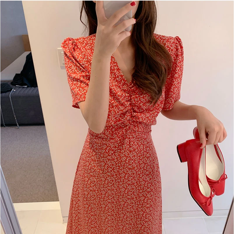 

Plus size New v neck Summer Dress Girls Boho Party Female Vintage Dress Red floral Print Short Sleeve Women Dresses Robe Vestido