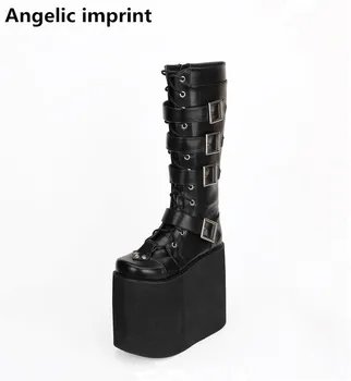 

Angelic imprint mori girl Women motorcycle boots lady lolita punk Boots woman super high heels pumps wedges shoes 20cm rivets 46